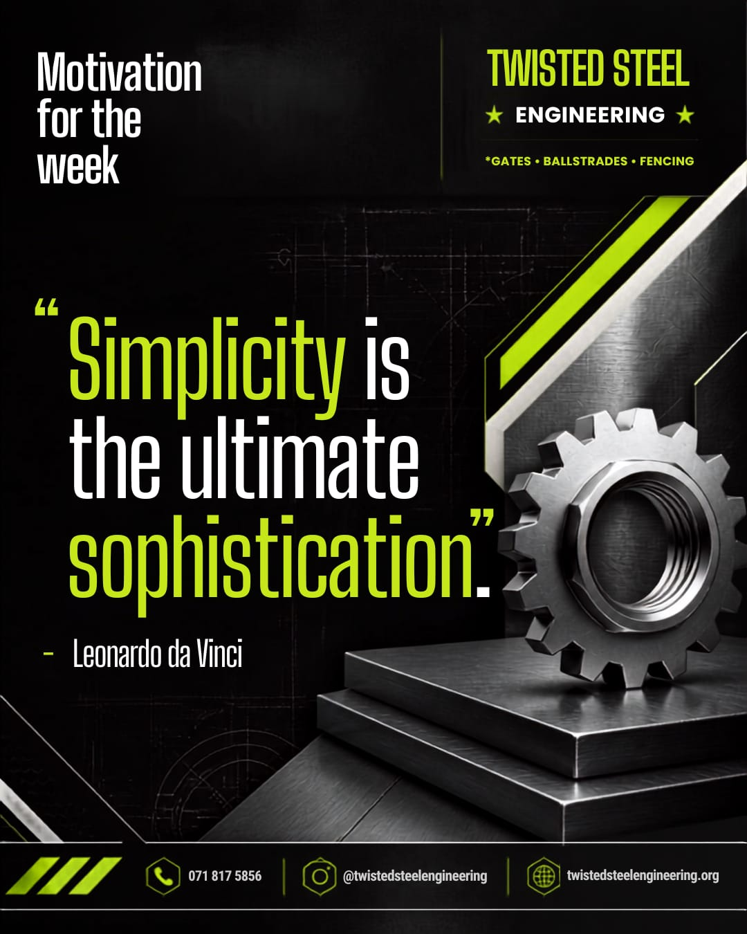 Twisted Steel Engineering motivation graphic: “Simplicity is the ultimate sophistication,” alongside a steel gear and the company’s contact details.